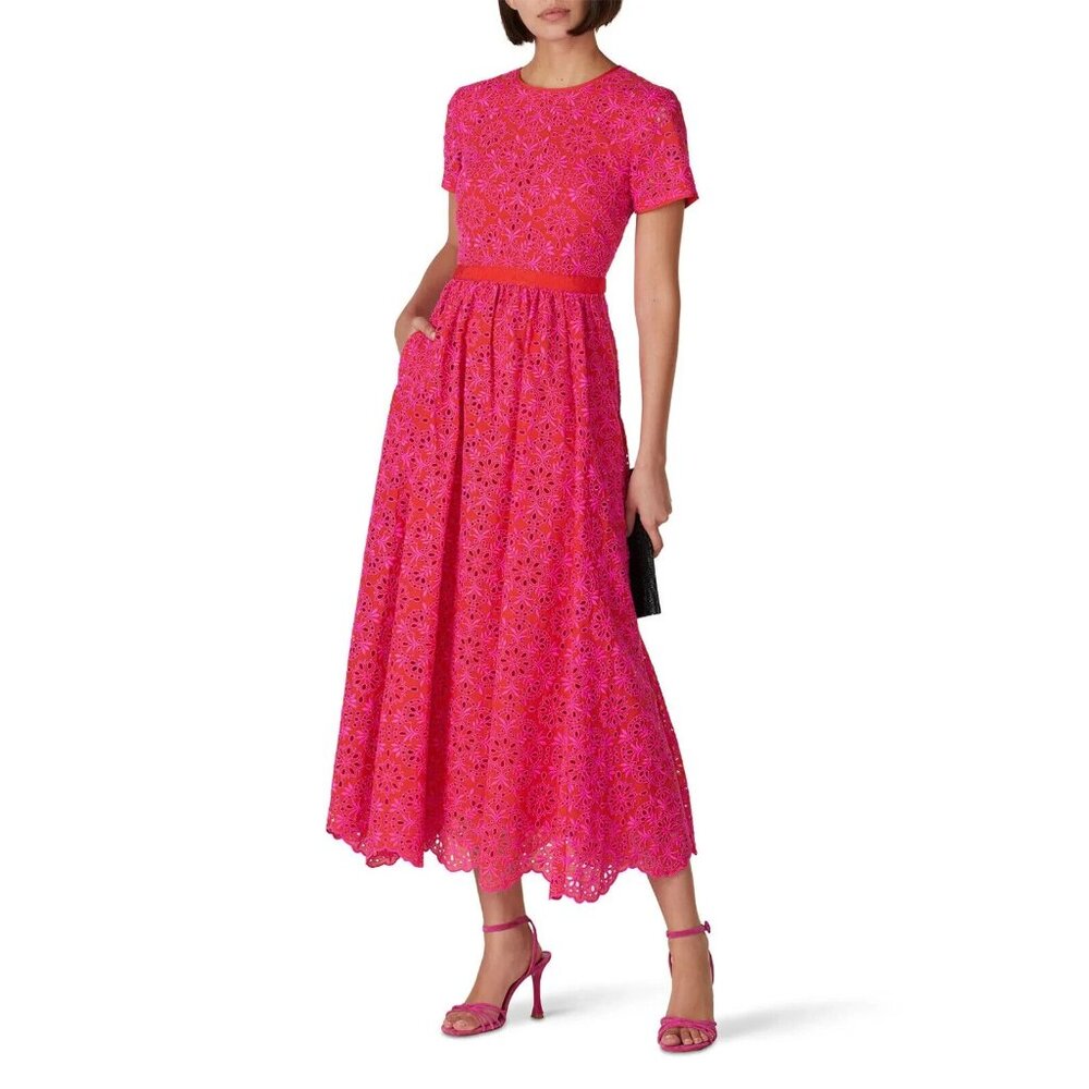 NWT J.Crew Short-sleeve Maxi in Sunset Fuchsia Eyelet Back Cutout Dress 14 - Picture 2 of 12